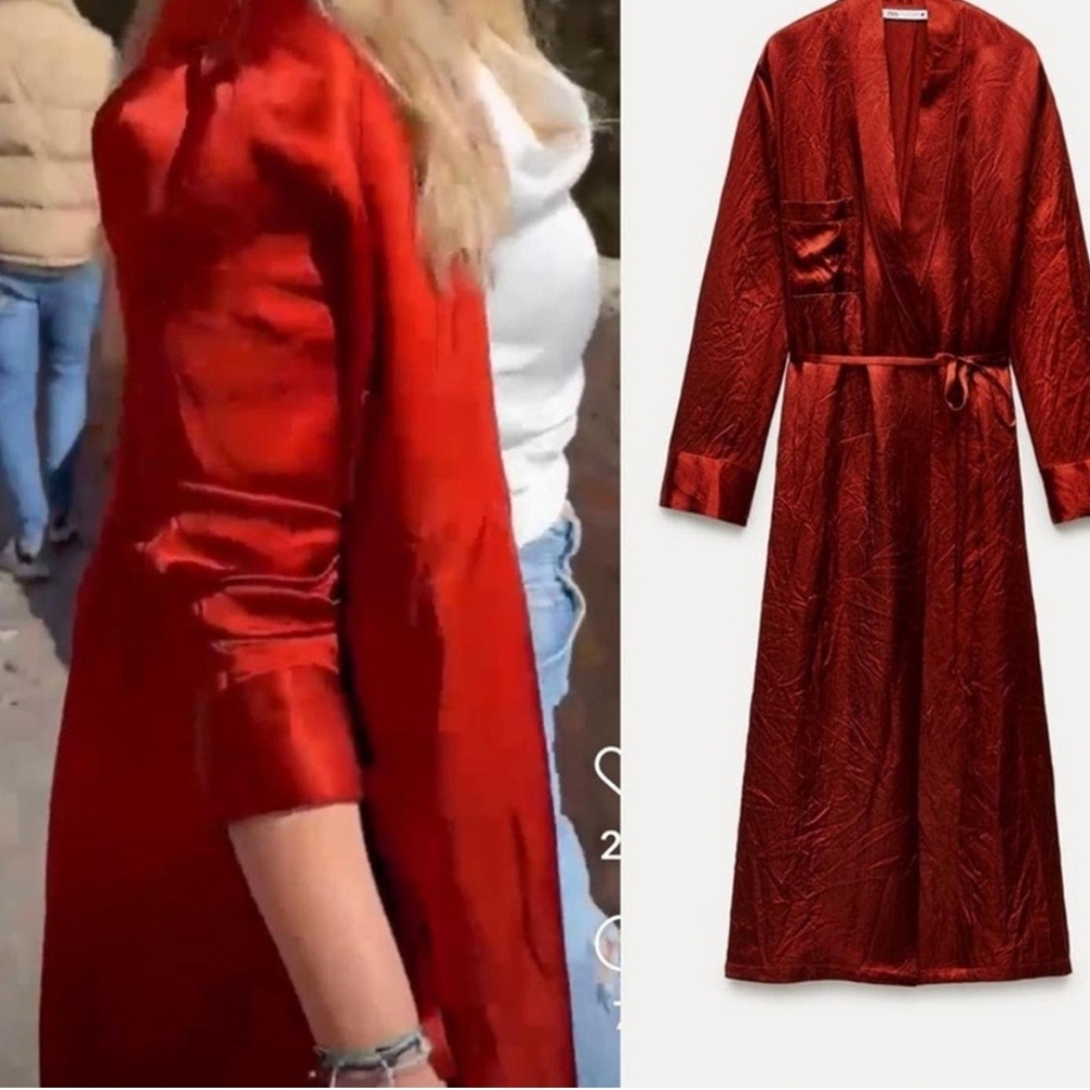💖💖 NWT Zara Satin Kimono Midi Wrap Dress Dark Orange ZW Collection Size M